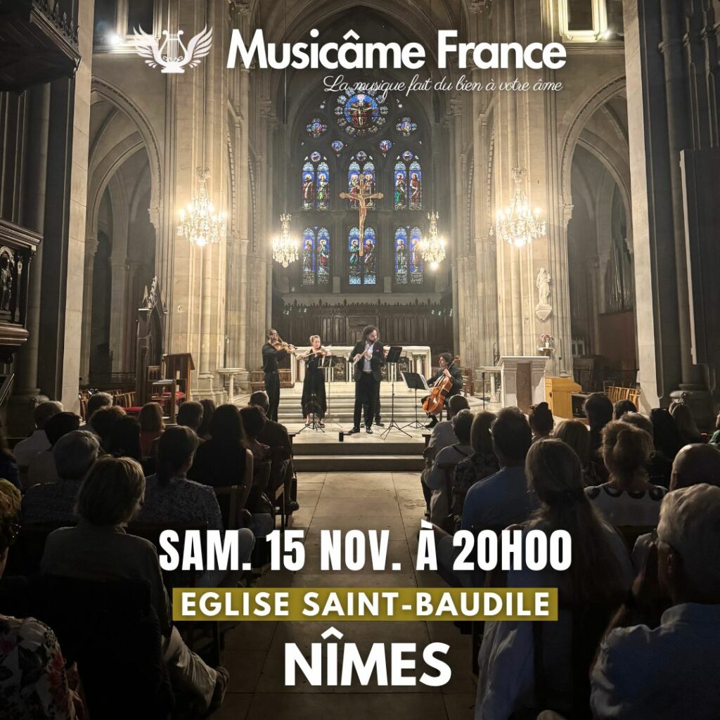 Affiche du concert Musicâme France à Nîmes. L'ensemble joue à l'église saint-baudile. Prochain concert : le samedi 15 novembre à 20h00. Rendez-vous pour du Vivaldi du Bach, du Piazzola. Pour une soirée sous le signe du baroque, du tango et du jazz.